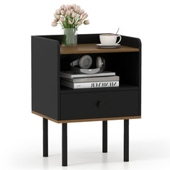 Nightstand with Drawer 3-Tier Sofa Side Table with Open Storage Shelf-Black