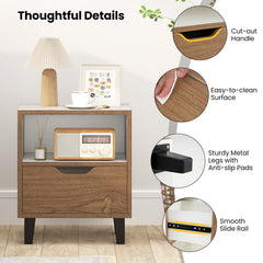 Nightstand with Drawer and Open Storage Shelf for Bedroom-White