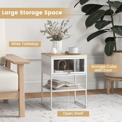 Nightstand with Flip Up Door and Storage Shelf, White