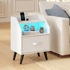 Nightstand with Power Outlets and Open Storage Shelf for Living Room-White