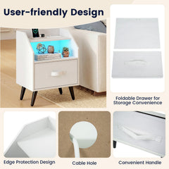 Nightstand with Power Outlets and Open Storage Shelf for Living Room-White