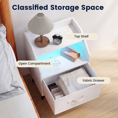 Nightstand with Power Outlets and Open Storage Shelf for Living Room-White