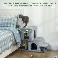 4-Step Pet Stairs, Adjustable Height Cat Stairs with Scratching Posts Cat Condo, Hanging Ball for High Bed, Grey
