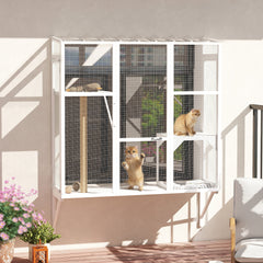 Wooden Catio Outdoor, Cat Window Box Enclosure for 2-3 Large Cats with 2 Jumping Platforms & Scratching Post, Grey
