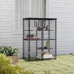 Metal Cat Cage with Waterproof Cover, 4 Platforms, Hammock, Washable Cushions for 1-3 Kittens, 46.5" x 22" x 62", Black