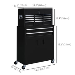 6-Drawer Rolling Tool Chest, 2 in 1 Lockable Storage Cabinet with Hooks, Metal Tool Box for Garage, Workshop, Black
