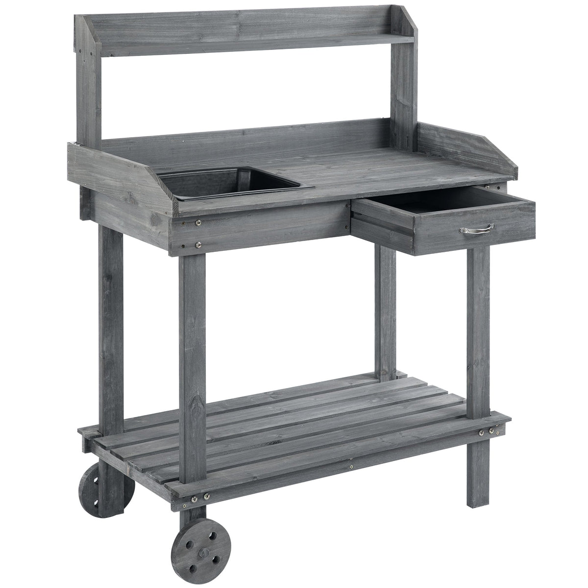 36" Wooden Potting Bench Work Table with 2 Removable Wheels, Sink, Drawer & Large Storage Spaces, Gray