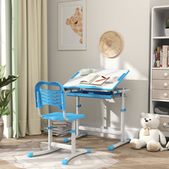 Height Adjustable Study Table and Chair Set with Drawer, Pen Slot, Tiltable Desktop, Hook, Blue