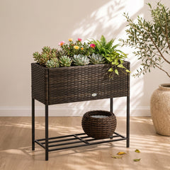 Rattan Raised Garden Boxes, Elevated Flower Beds with Storage Shelf for Herbs, Flowers, Vegetables, Brown