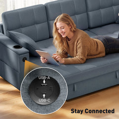 Convertible Sectional Sofa Bed, Pull Out Sleeper Sofa Couch with USB‑A+C, Chaise Storage, L-Shaped Futon Couch, Beige