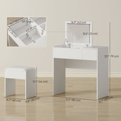 Modern Vanity Set with Flip Top Mirror and Cushioned Stool, Dressing Table with Storage Drawer for Bedroom, White