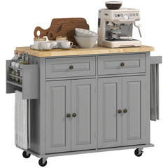 Kitchen Island with Storage, Rolling Trolley Cart with Rubber Wood Top, Spice Rack, Towel Rack, Brown Oak