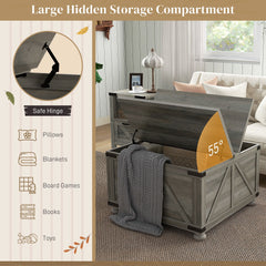 Farmhouse Coffee Table, Square Center Table with Flip-top Lids, Hidden Storage Compartment and Wooden Legs, Oak