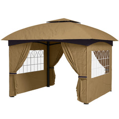 11' x 11' Outdoor Gazebo, Double Roof Patio Gazebo Canopy with Curtains, Church Windows, Galvanised Steel Frame, Beige