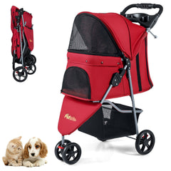One-Click Folding Pet Stroller Lightweight Cat Strolling Cart with Adjustable Canopy-Red