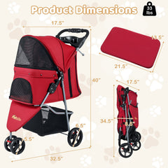 One-Click Folding Pet Stroller Lightweight Cat Strolling Cart with Adjustable Canopy-Red