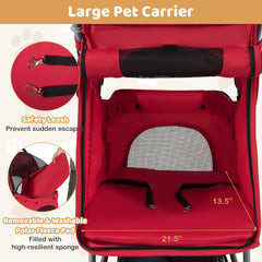 One-Click Folding Pet Stroller Lightweight Cat Strolling Cart with Adjustable Canopy-Red