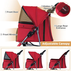 One-Click Folding Pet Stroller Lightweight Cat Strolling Cart with Adjustable Canopy-Red