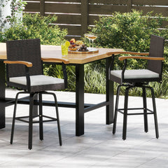 One Outdoor 360° Swivel Bar Stool with Cushion and Acacia Wood Armrests