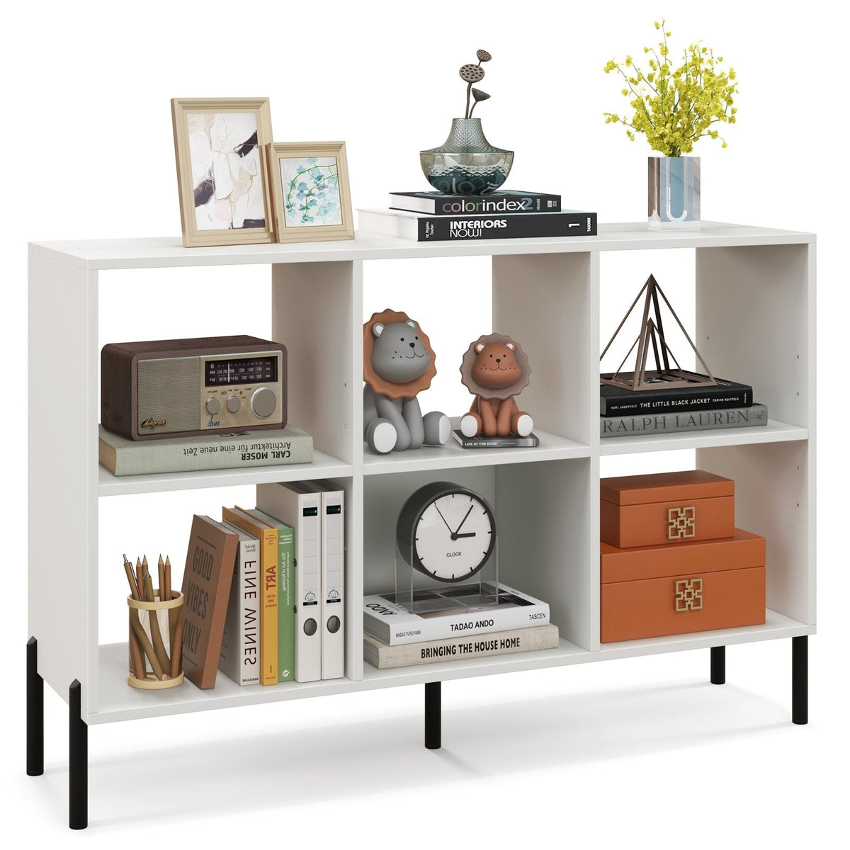 White Open Back Bookshelf with 6 Cubes, 47 Inch Wide Low Bookcase on Metal Legs