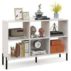 White Open Back Bookshelf with 6 Cubes, 47 Inch Wide Low Bookcase on Metal Legs