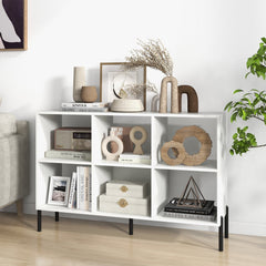White Open Back Bookshelf with 6 Cubes, 47 Inch Wide Low Bookcase on Metal Legs