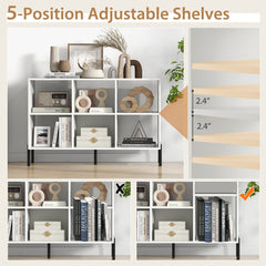 White Open Back Bookshelf with 6 Cubes, 47 Inch Wide Low Bookcase on Metal Legs