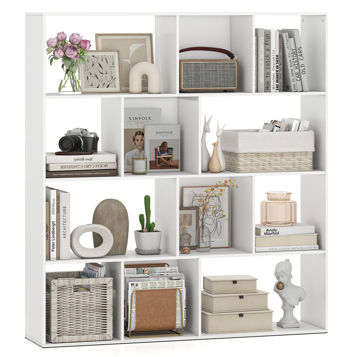 Open Shelf Bookcase 4-Tier Modern Bookshelf with 12 Storage Compartments-White