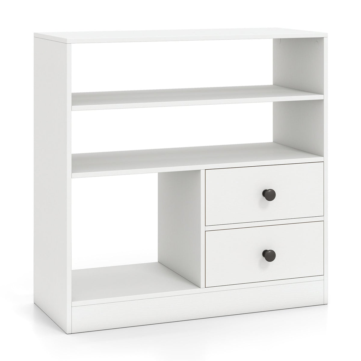 Open Storage Cabinet with 3 Open Compartments and 2 Drawer-White