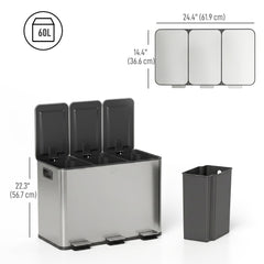 Garbage Bin, Soft-Close Trash Can with Foot Pedal, 3x5 Gallon (3x20 L) Garbage Can with Removable Inner Buckets, Black