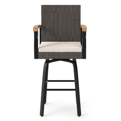 Outdoor 360° Swivel Bar Stool with Cushion and Acacia Wood Armrests-F-Brown
