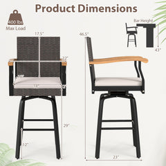 Outdoor 360° Swivel Bar Stool with Cushion and Acacia Wood Armrests-F-Brown