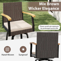Outdoor 360° Swivel Bar Stool with Cushion and Acacia Wood Armrests-F-Brown