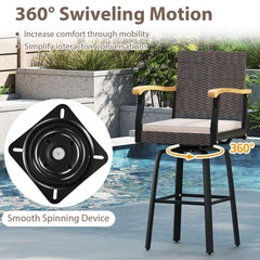 Outdoor 360° Swivel Bar Stool with Cushion and Acacia Wood Armrests-F-Brown