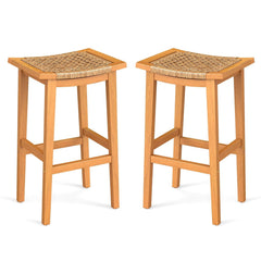 Outdoor Acacia Wood Bar Stools Set of 2 with PE Rattan Seats and Backrests