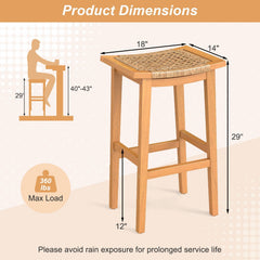 Outdoor Acacia Wood Bar Stools Set of 2 with PE Rattan Seats and Backrests
