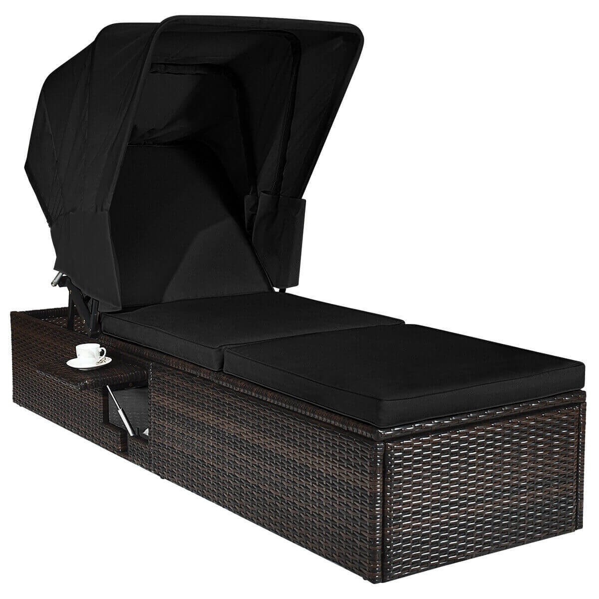 Rattan Chaise Lounge with Folding Canopy, Cup Table and 5 Position Backrest, Black