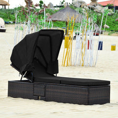 Rattan Chaise Lounge with Folding Canopy, Cup Table and 5 Position Backrest, Black