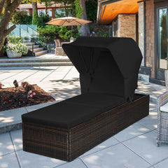 Rattan Chaise Lounge with Folding Canopy, Cup Table and 5 Position Backrest, Black