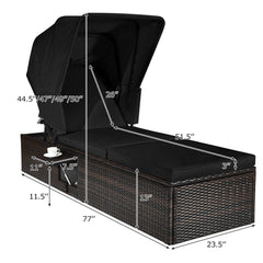 Rattan Chaise Lounge with Folding Canopy, Cup Table and 5 Position Backrest, Black