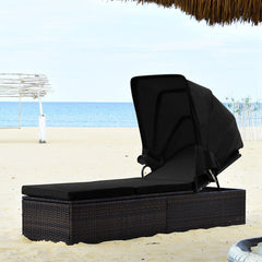Rattan Chaise Lounge with Folding Canopy, Cup Table and 5 Position Backrest, Black