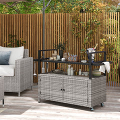 Outdoor Bar Cart Wicker Buffet Serving Cart with Cabinet and 8 Hooks-Gray