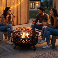 Outdoor Black Fire Pit with Adjustable and Rotatable Grill Grate Breathable Mesh & Outer Ring for BBQ-30 Inches