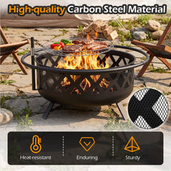Outdoor Black Fire Pit with Adjustable and Rotatable Grill Grate Breathable Mesh & Outer Ring for BBQ-36 Inches