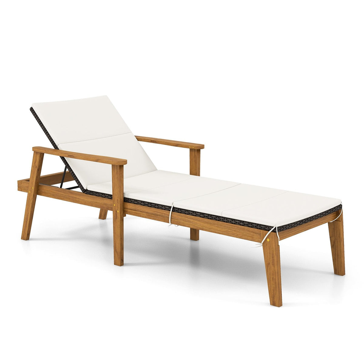 Acacia Framed Rattan Chaise Lounge with Full Length Cushion and Armrests
