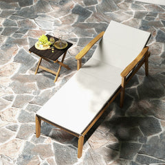 Acacia Framed Rattan Chaise Lounge with Full Length Cushion and Armrests
