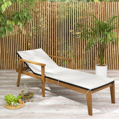 Acacia Framed Rattan Chaise Lounge with Full Length Cushion and Armrests