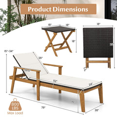 Acacia Framed Rattan Chaise Lounge with Full Length Cushion and Armrests