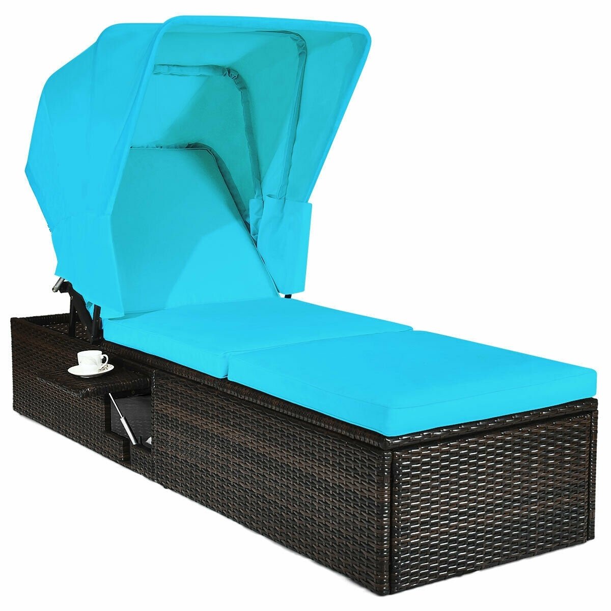 Rattan Chaise Lounge with Folding Canopy and Cup Table, 360 lb, Turquoise