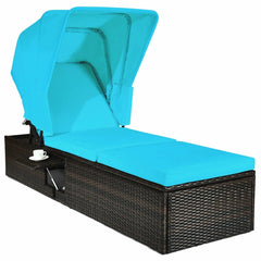 Rattan Chaise Lounge with Folding Canopy and Cup Table, 360 lb, Turquoise